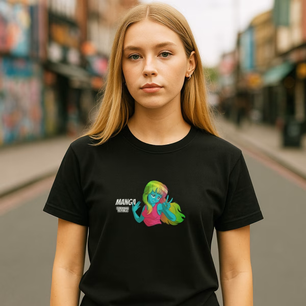 image t shirt suburban republic wild manga weared by a young female model