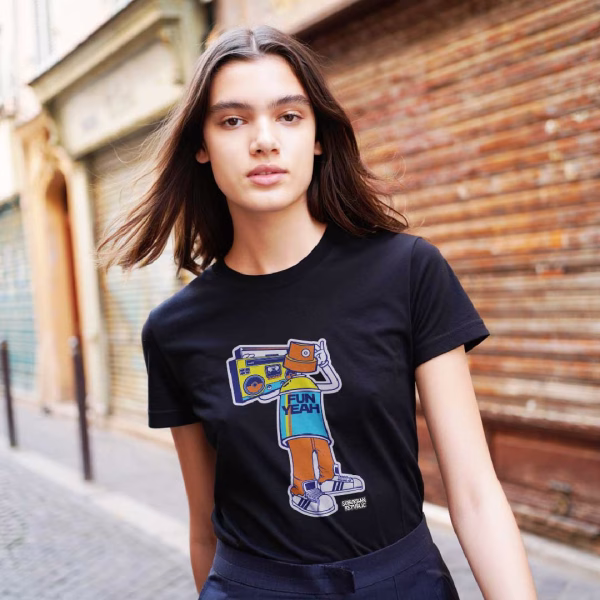 young female wearing a suburban republic black cotton t shirt Fun Yeah
