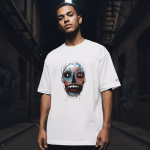 Young man wearing a white T-shirt featuring an expressionist monster face design, photographed in an urban alley